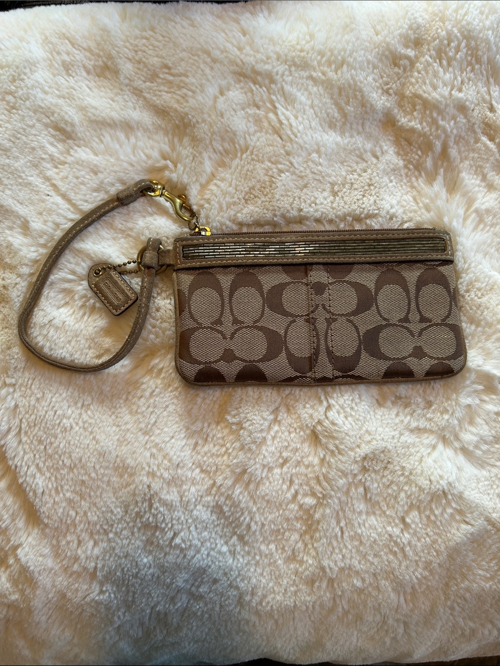 Coach Tan Signature Canvas Wristlet with Gold Hardware